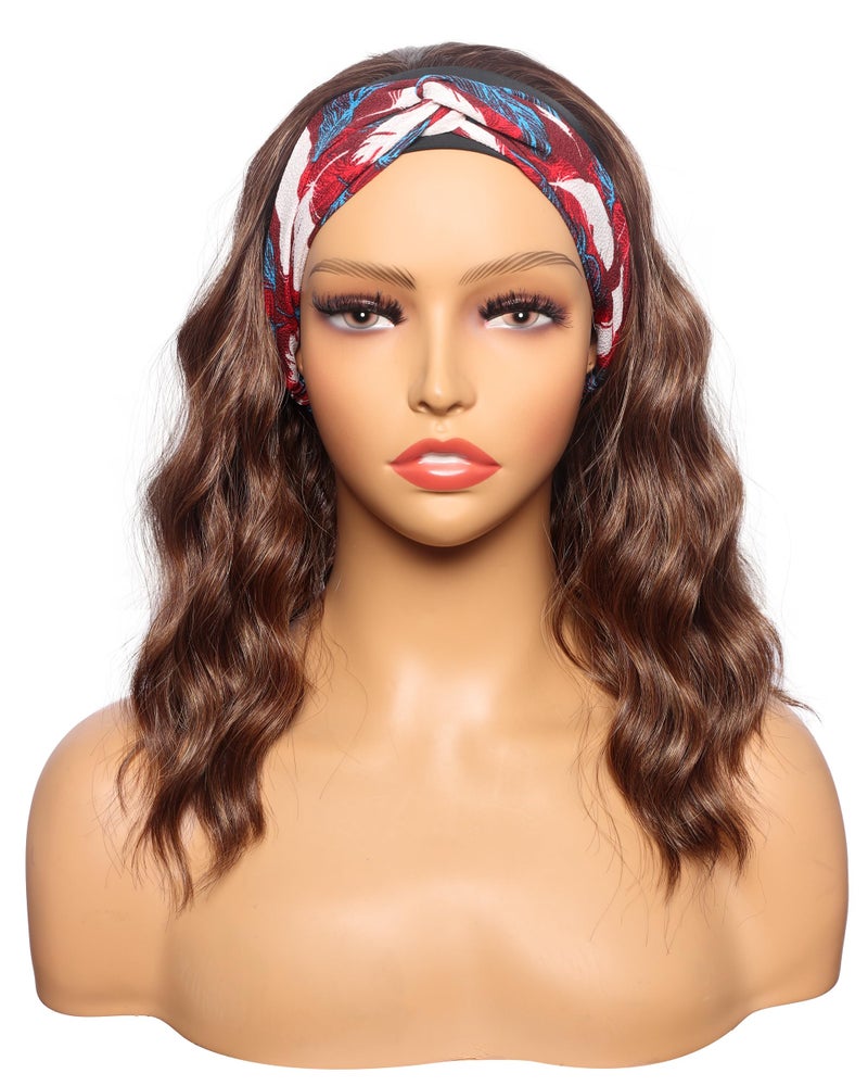 SYMEIW Brown Wavy Headband Wig For Black Women Light Brown Half Wigs With Black Headband Attached Synthetic Wrap Wigs Turban Wigs For WomenLight Brown 14 Inch